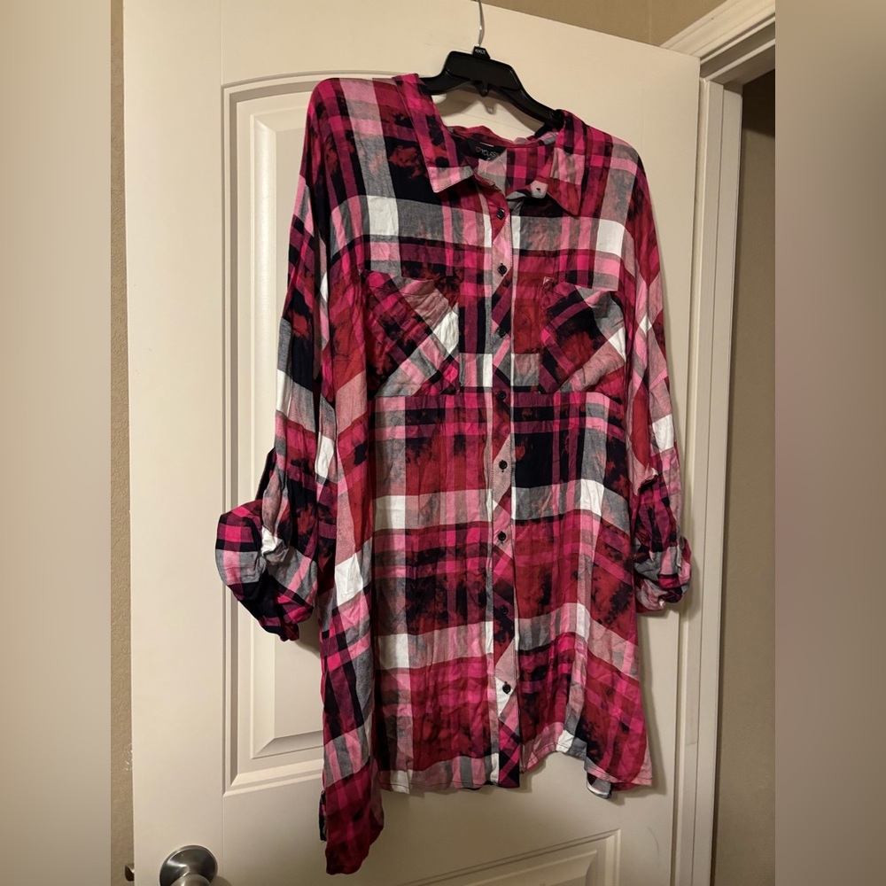 Yours Pink and Black Plaid Button-Up Shirt